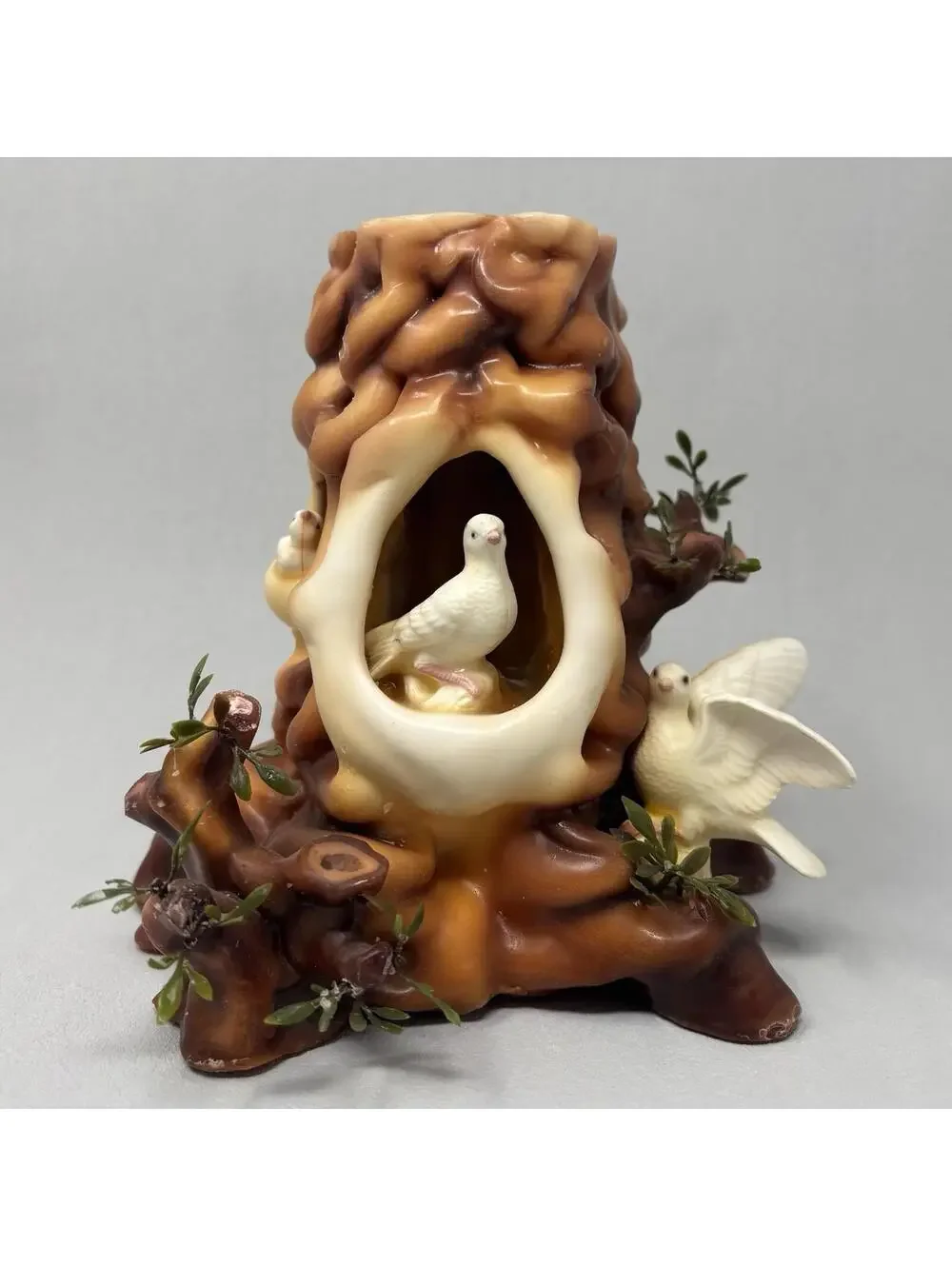 VTG Trunk Stump Candle MCM 70's Molded Wax Tree Middle Earth Woodland Doves 6.5
